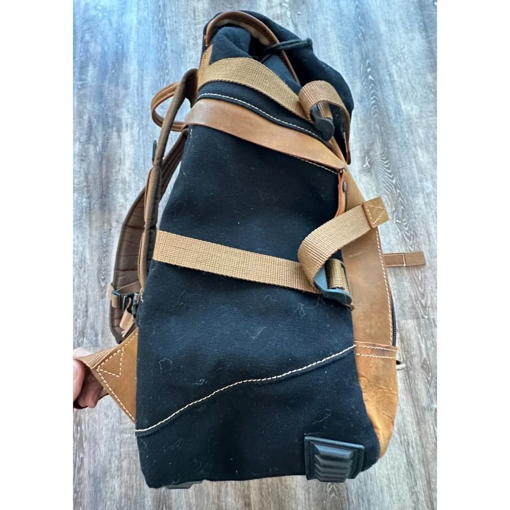 Pop's Kalahari Leather Trim Backpack Black Canvas Laptop Sturdy Bag Distressed - Picture 6 of 14